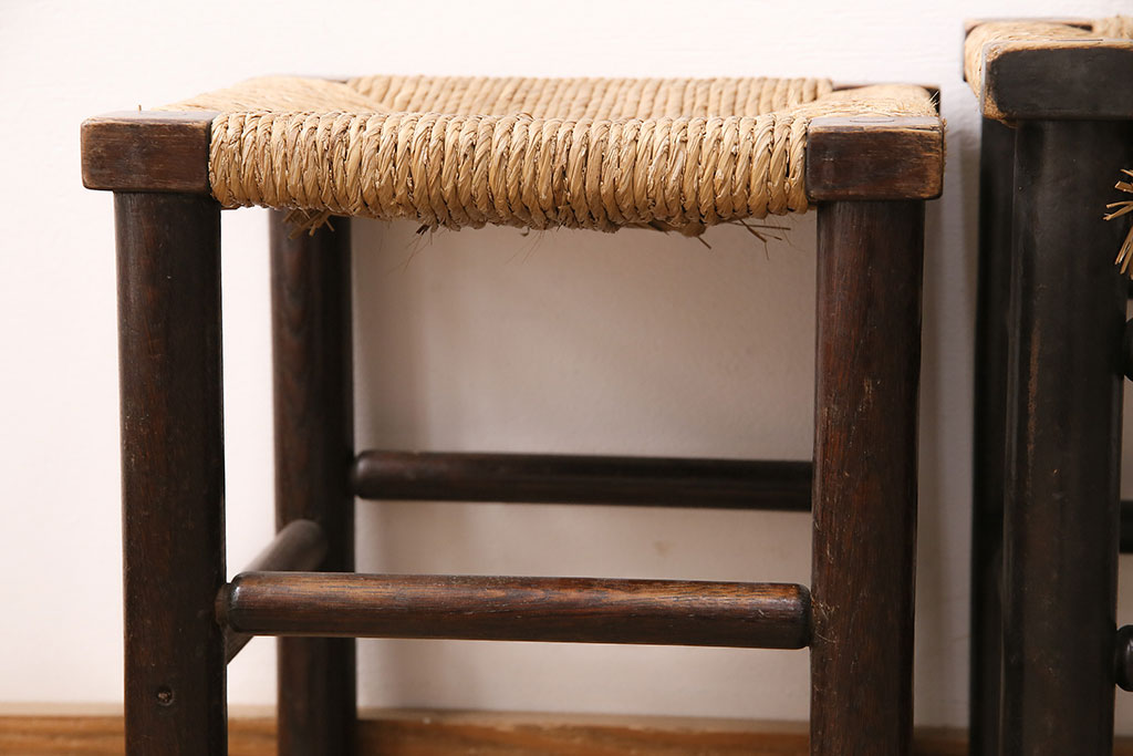 ヴィンテージ　松本民芸家具　初期モデル　ラッシ座面がおしゃれなスツール大小2脚セット(チェア、椅子、ビンテージ)(R-048708)