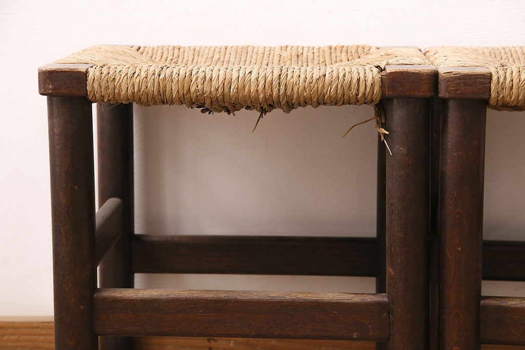 ヴィンテージ家具　松本民芸家具　初期モデル　ラッシ座面がおしゃれなスツール2脚セット(チェア、椅子、ビンテージ)(R-048709)