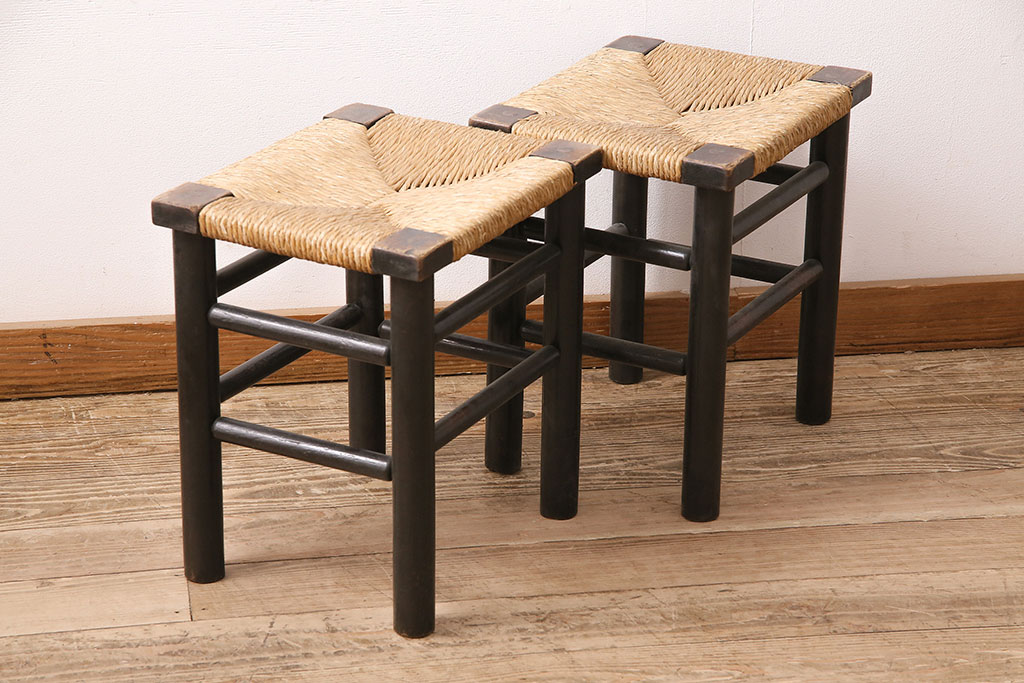 ヴィンテージ　松本民芸家具　ラッシ座面がおしゃれなスツール2脚セット(チェア、椅子、ビンテージ)(R-048710)