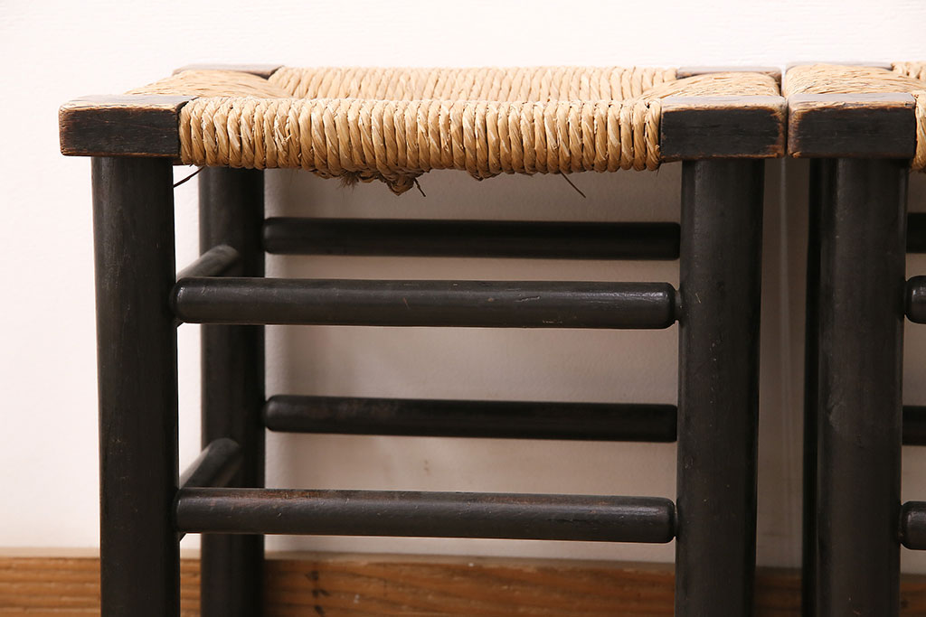 ヴィンテージ　松本民芸家具　ラッシ座面がおしゃれなスツール2脚セット(チェア、椅子、ビンテージ)(R-048710)