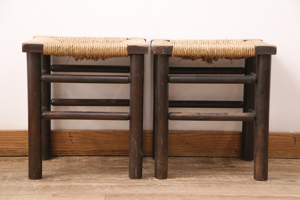 ヴィンテージ　松本民芸家具　ラッシ座面がおしゃれなスツール2脚セット(チェア、椅子、ビンテージ)(R-048711)