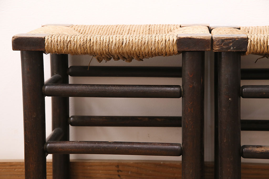 ヴィンテージ　松本民芸家具　ラッシ座面がおしゃれなスツール2脚セット(チェア、椅子、ビンテージ)(R-048711)