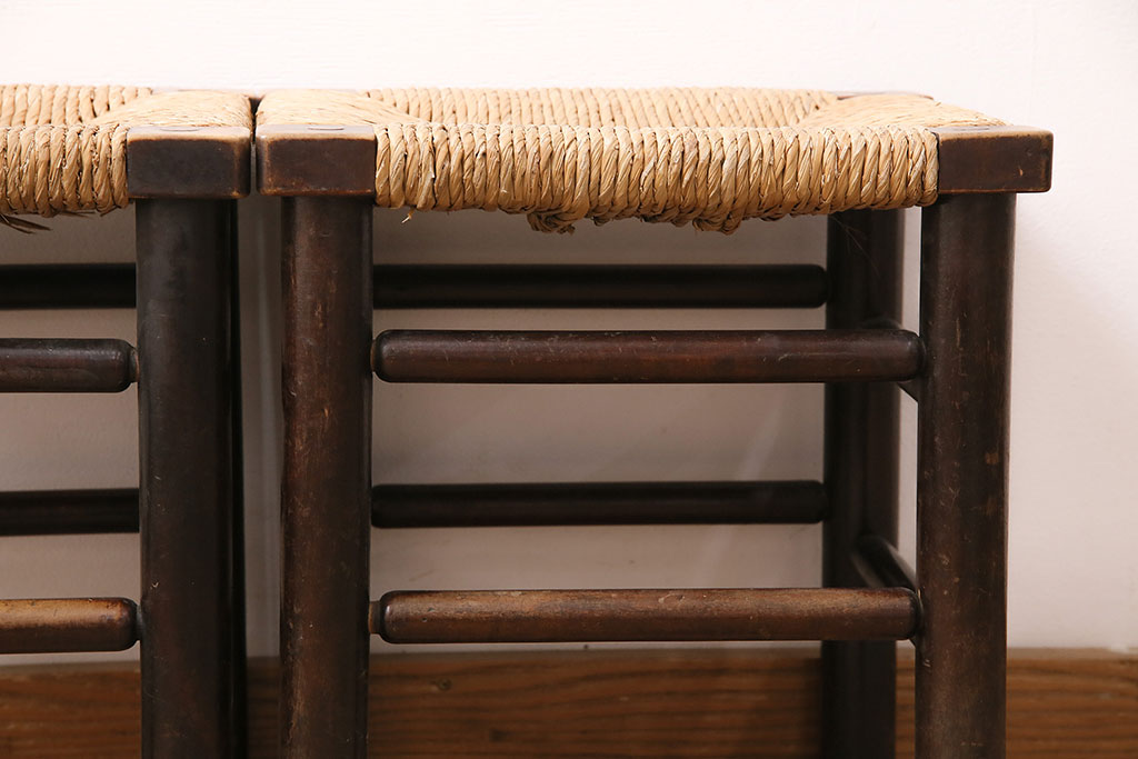 ヴィンテージ　松本民芸家具　ラッシ座面がおしゃれなスツール2脚セット(チェア、椅子、ビンテージ)(R-048712)