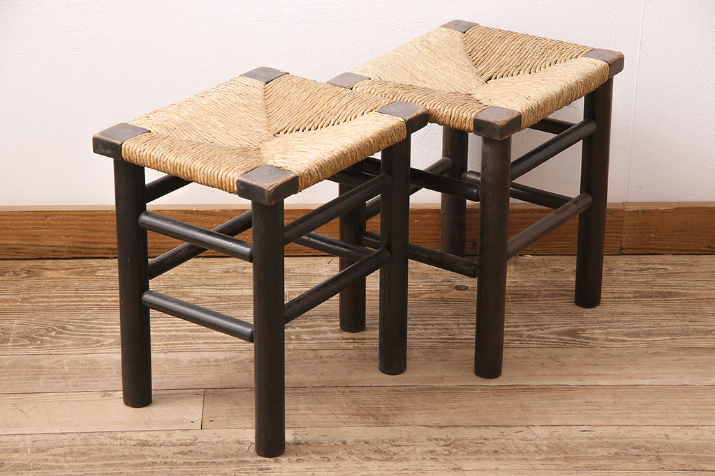 ヴィンテージ　松本民芸家具　ラッシ座面がおしゃれなスツール2脚セット(チェア、椅子、ビンテージ)(R-048713)