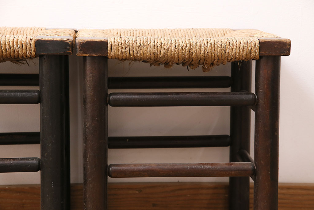 ヴィンテージ　松本民芸家具　ラッシ座面がおしゃれなスツール2脚セット(チェア、椅子、ビンテージ)(R-048713)