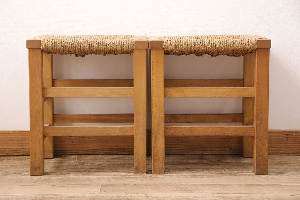ヴィンテージ　松本民芸家具　初期モデル　ラッシ座面がおしゃれ!素朴な木肌が味わい深いスツール2脚セット(チェア、椅子、ビンテージ)(R-048715)