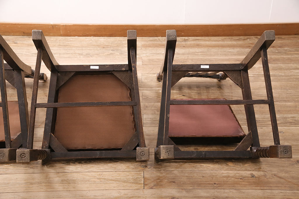アンティーク家具　イギリス　オーク材　ツイストの背もたれと脚が目を引くチェア4脚セット(ダイニングチェア、椅子)(R-048780)