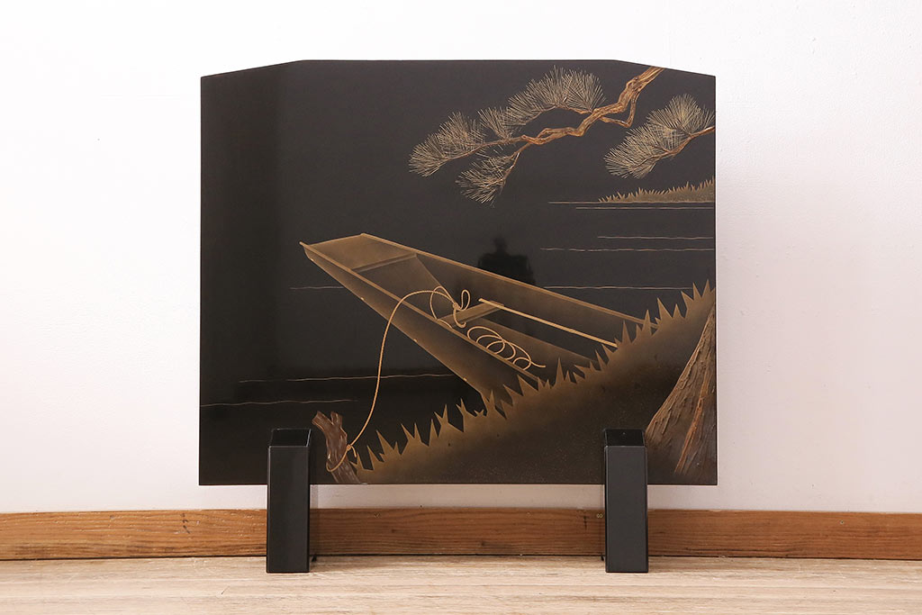 中古　民芸家具　輪島塗　浜高悦朗作　和の風情たっぷりな高蒔絵の衝立(定価約200万円)(つい立て)(R-048792)