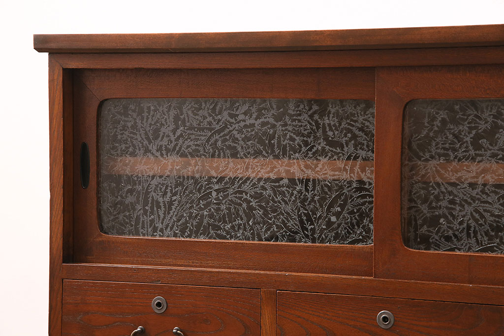 前面ケヤキ材　鉄脚・天板リメイク　昭和レトロな雰囲気が漂う漆塗りのローボード(テレビ台、テレビボード、リビングボード)(R-048862)