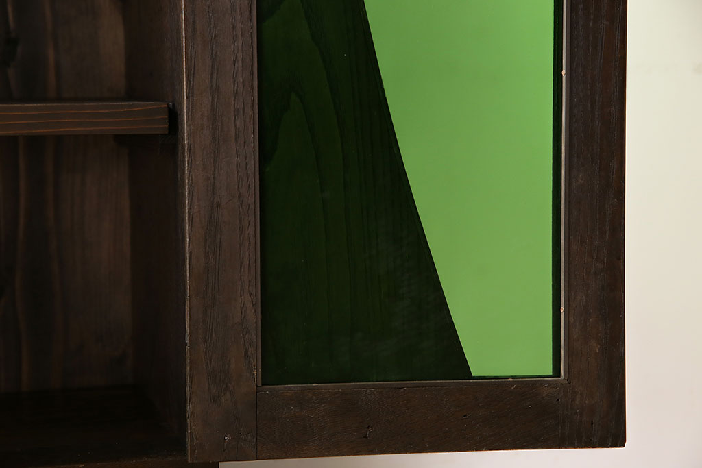 和製アンティーク　グリーンの色ガラス入り!レトロな佇まいが魅力的な本箱(ブックケース、収納棚、ガラス戸棚)(R-048873)