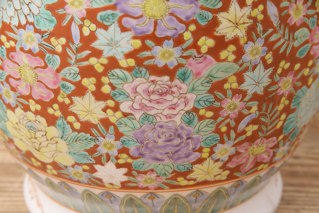 アンティーク雑貨　多彩な花尽くしの図が華やかな十錦手の瀬戸火鉢(鉢カバー)(R-048896)