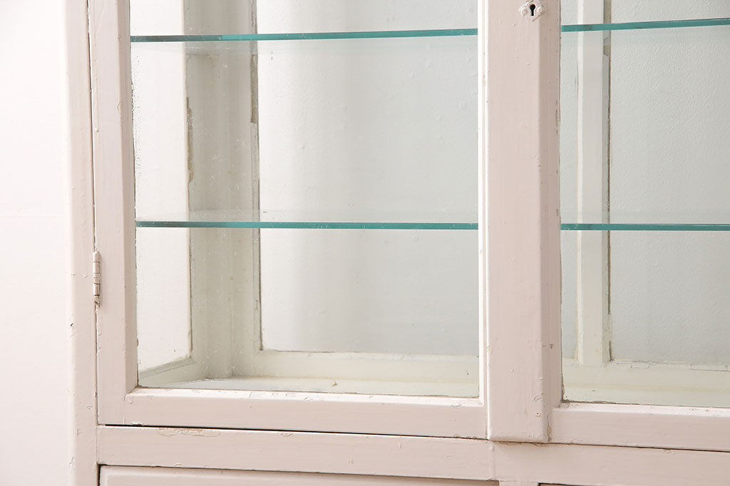 和製アンティーク　4面ガラス　シャビーな風合いのペイントがお洒落なケビントキャビネット(ガラスケース、ショーケース、飾り棚)(R-049020)