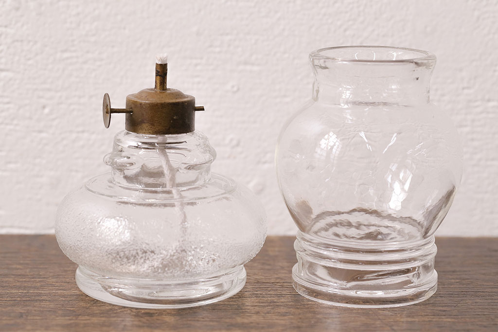 昭和レトロ　ダイヤガラスがお洒落な古いガラスの豆ランプ(オイルランプ、火屋、油壷)(R-049053)
