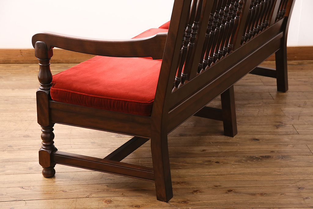 中古　美品　松本民芸家具　上品な佇まいが魅力のD型布張り椅子(ベンチ、ソファ、3人掛けソファ)(定価約55万円)(R-049057)