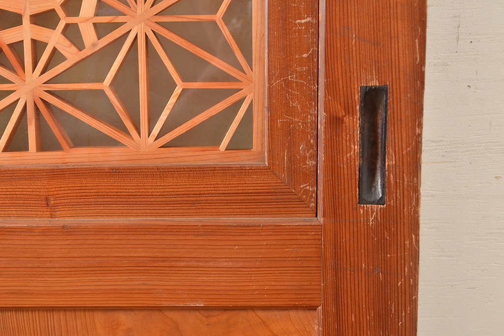 アンティーク建具　板部一枚板　芸術品のように美しい組子が目を惹く帯戸2枚セット(ガラス帯戸、組子帯戸、引き戸、建具)(R-049094)