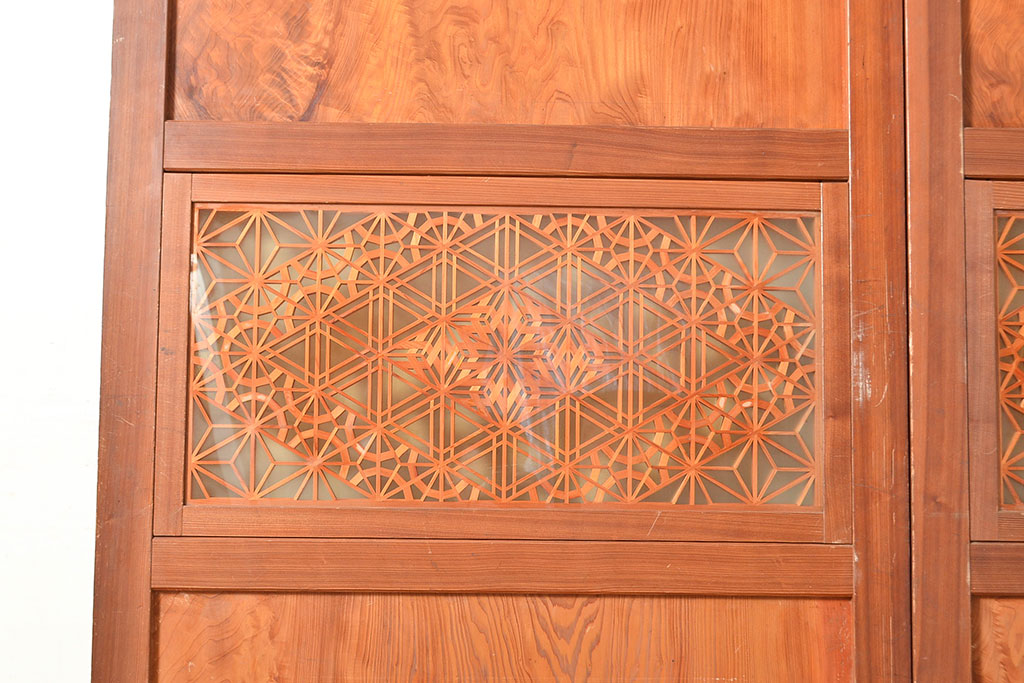 アンティーク建具　板部一枚板　芸術品のように美しい組子が目を惹く帯戸2枚セット(ガラス帯戸、組子帯戸、引き戸、建具)(R-049094)