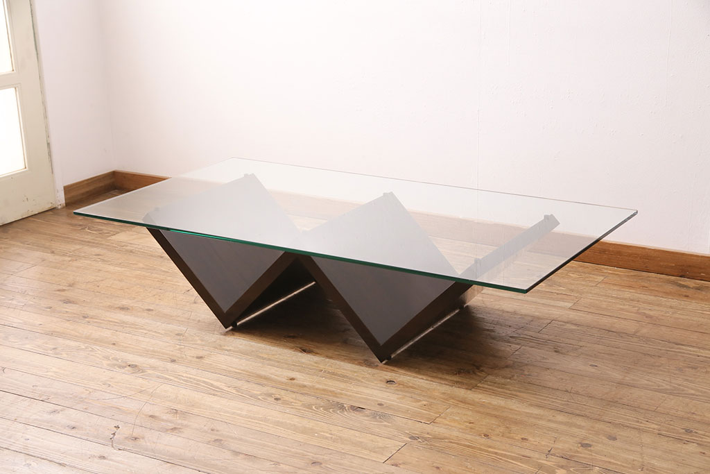中古　arflex(アルフレックス)　MONTAGNA(モンターニャ)　W字型の脚のデザインがお洒落なセンターテーブル(定価約20万円)(ガラステーブル、ローテーブル)(R-049201)