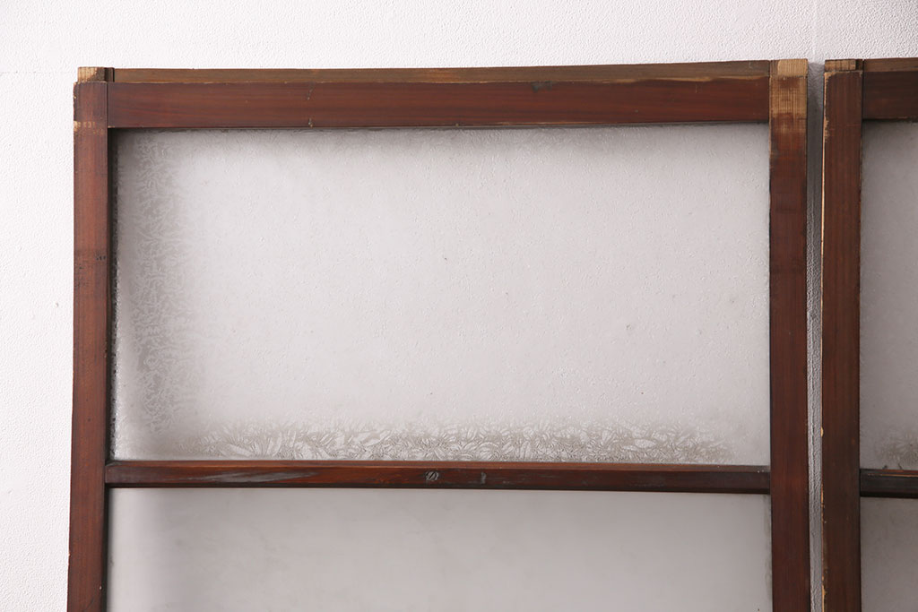 和製アンティーク　結霜ガラスとすりガラスがレトロな雰囲気を高めるガラス戸2枚セット(引き戸、建具)(R-049208)