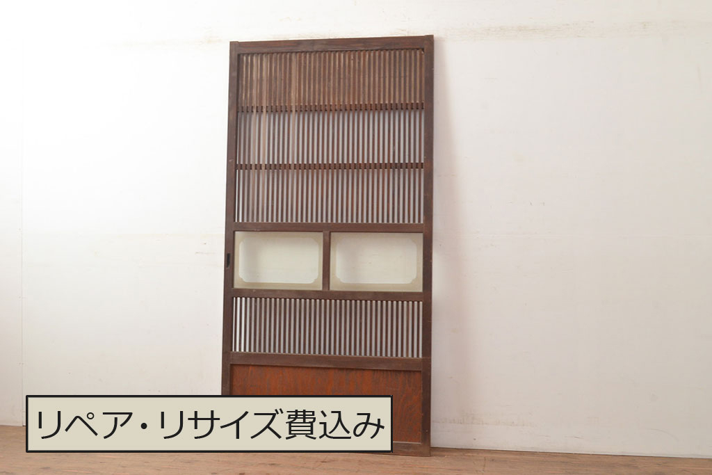 アンティーク建具　レトロなガラスが魅力の裏障子付き格子戸1枚(引き戸、障子戸、建具)(R-049289)