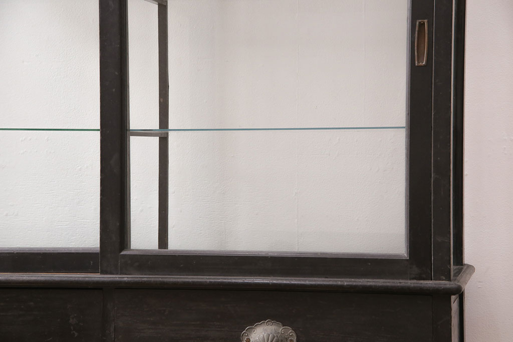 アンティーク家具　大正ロマン　天枠付き!　古いタバコ屋の薄型ガラスケース(ショーケース、陳列棚)(R-049352)