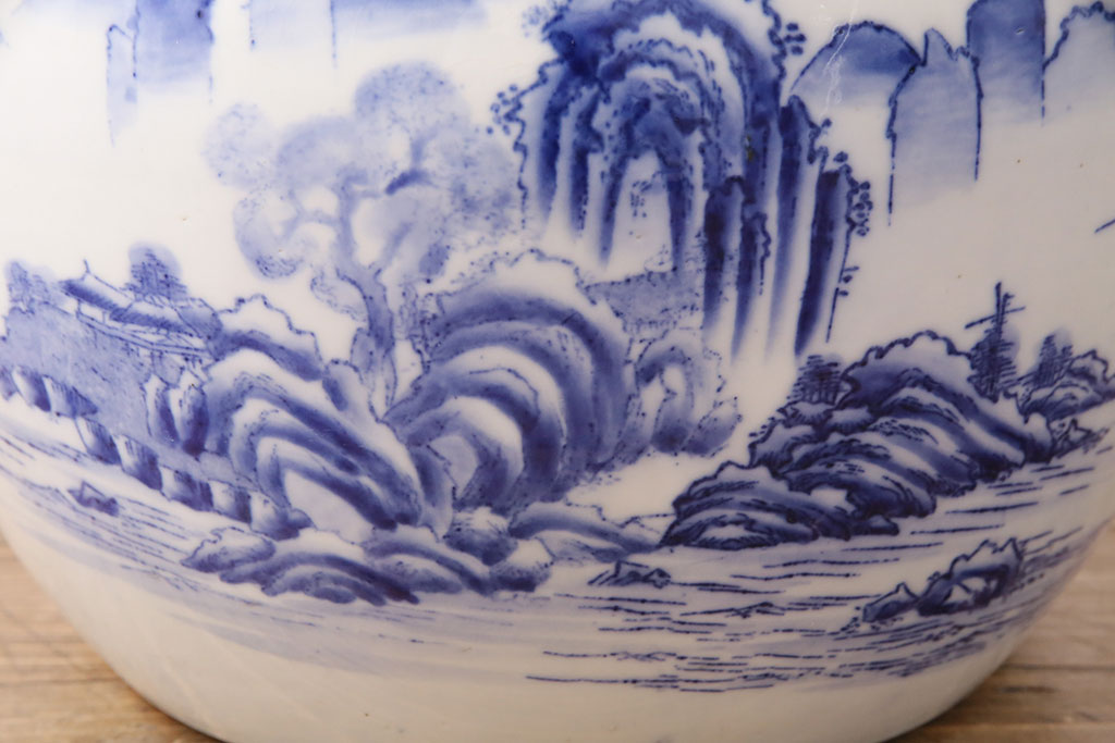 アンティーク雑貨　昭和中期　風景図　力強さを感じる図柄が目を引く瀬戸火鉢(鉢カバー)(R-049363)