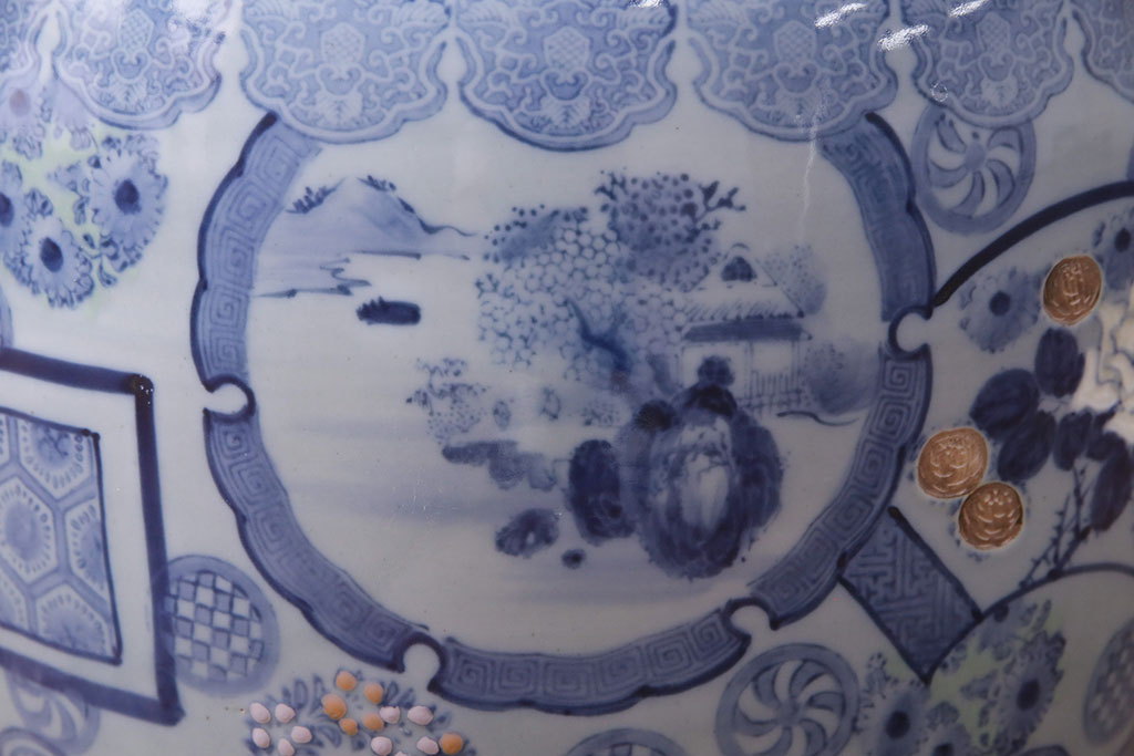アンティーク雑貨　窓絵　花の図柄が可愛いらしい、和の趣あふれる瀬戸火鉢(鉢カバー)(R-049364)