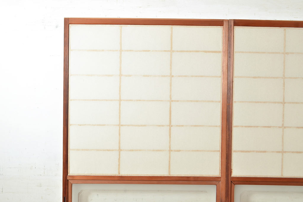 アンティーク建具　昭和中期　レトロガラス入り　腰板がアクセントの障子戸2枚セット(建具、引き戸、ガラス帯戸)(R-049482)