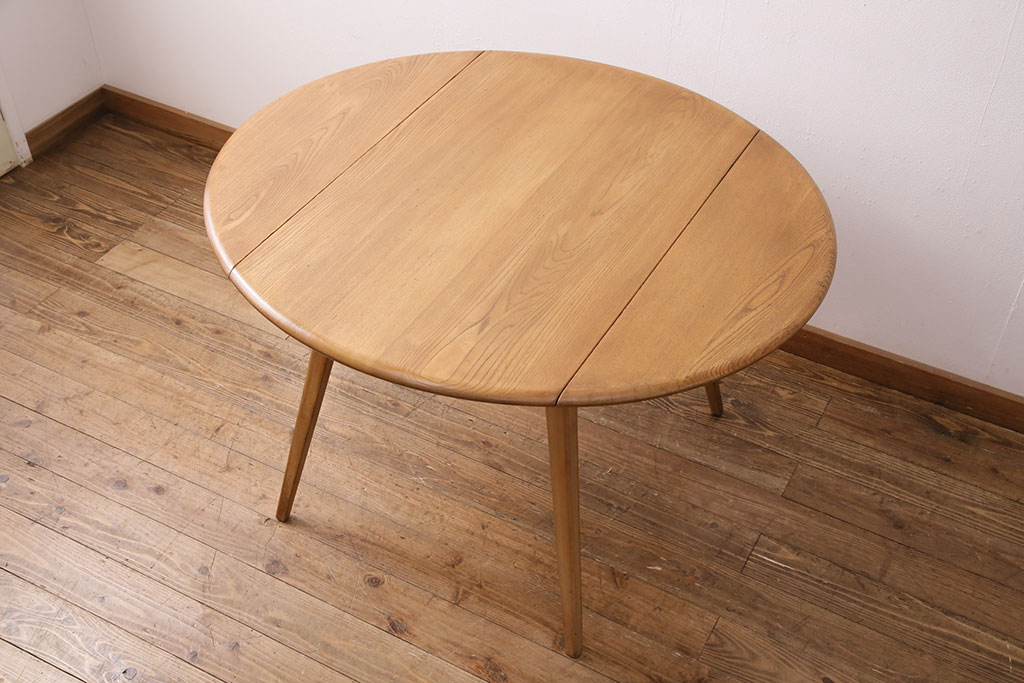 ヴィンテージ家具　イギリス　ERCOL(アーコール)　エルム材　ウィンザードロップリーフテーブル(バタフライテーブル、ラウンドテーブル、ビンテージ)(R-049596)