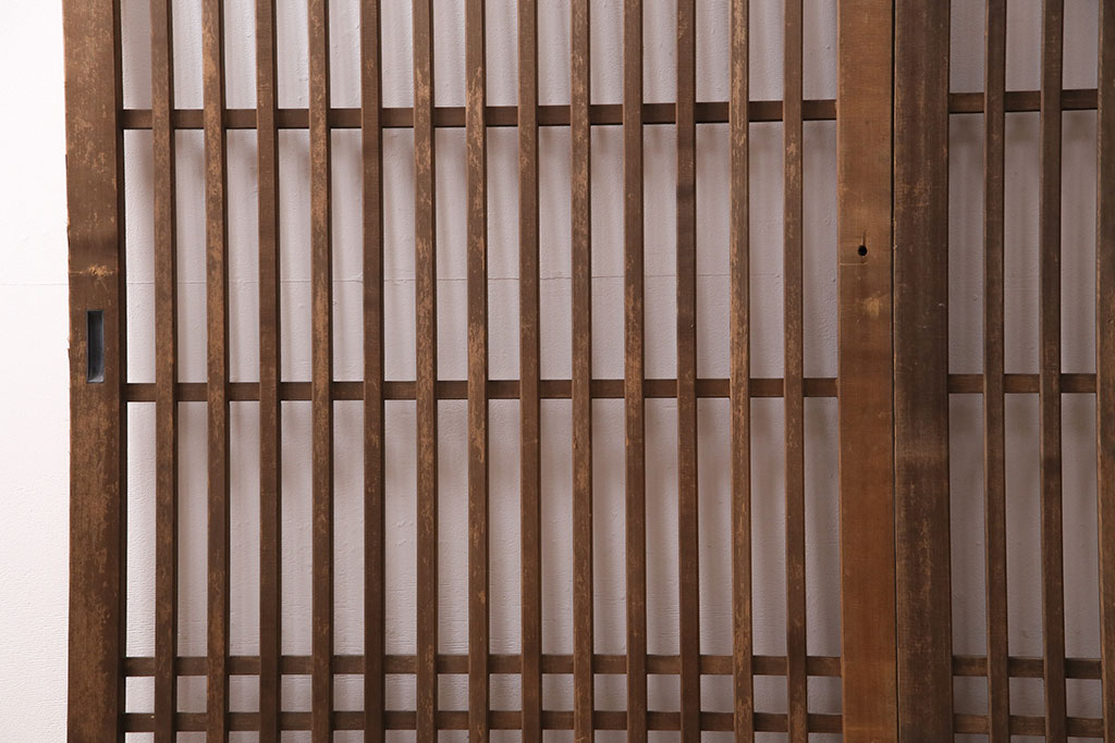 アンティーク建具　ヒノキ材　ガラス入り格子戸2枚セット(玄関戸、引き戸、建具)(R-049643)