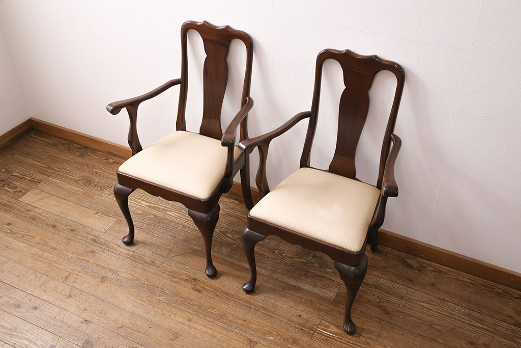 中古　アメリカ輸入家具　Stickley(スティックレー、スティックレイ)　マホガニー材製の高級感あふれるアームチェア2脚セット(椅子、サロンチェア、ダイニングチェア)(R-049681)