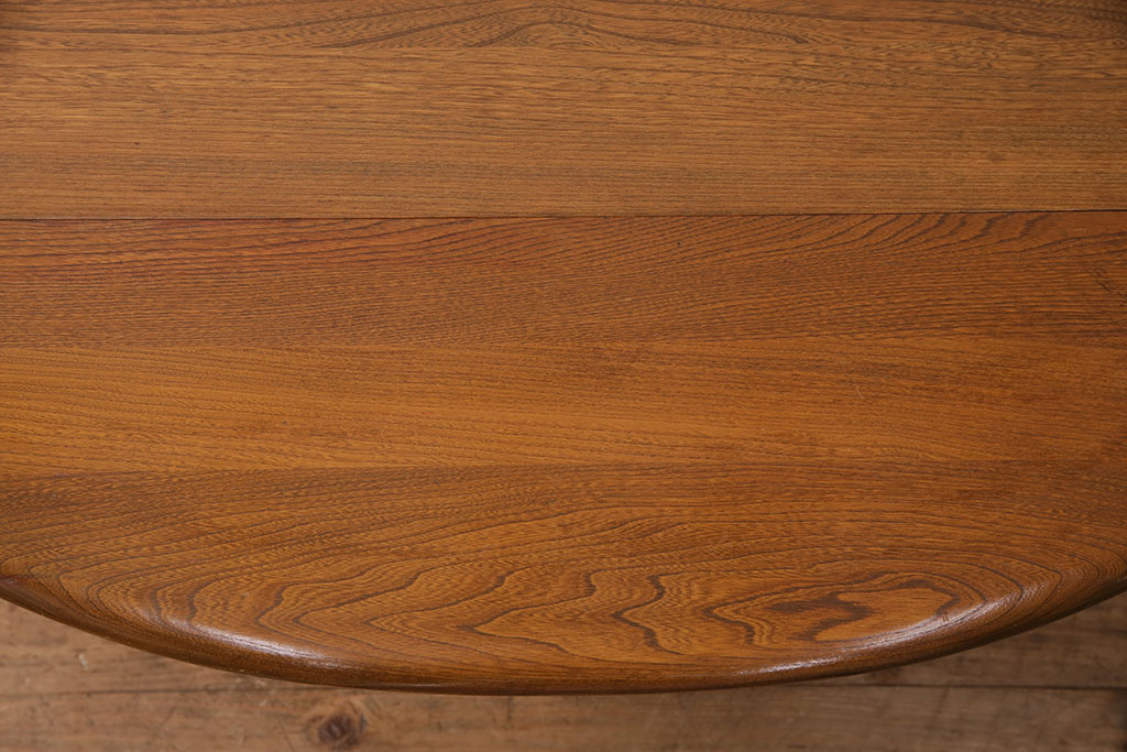ヴィンテージ家具　美品　イギリス　ERCOL(アーコール)　ニレ材　挽き物の脚が目を引くバタフライテーブル(センターテーブル、ラウンドテーブル、ビンテージ)(R-049692)
