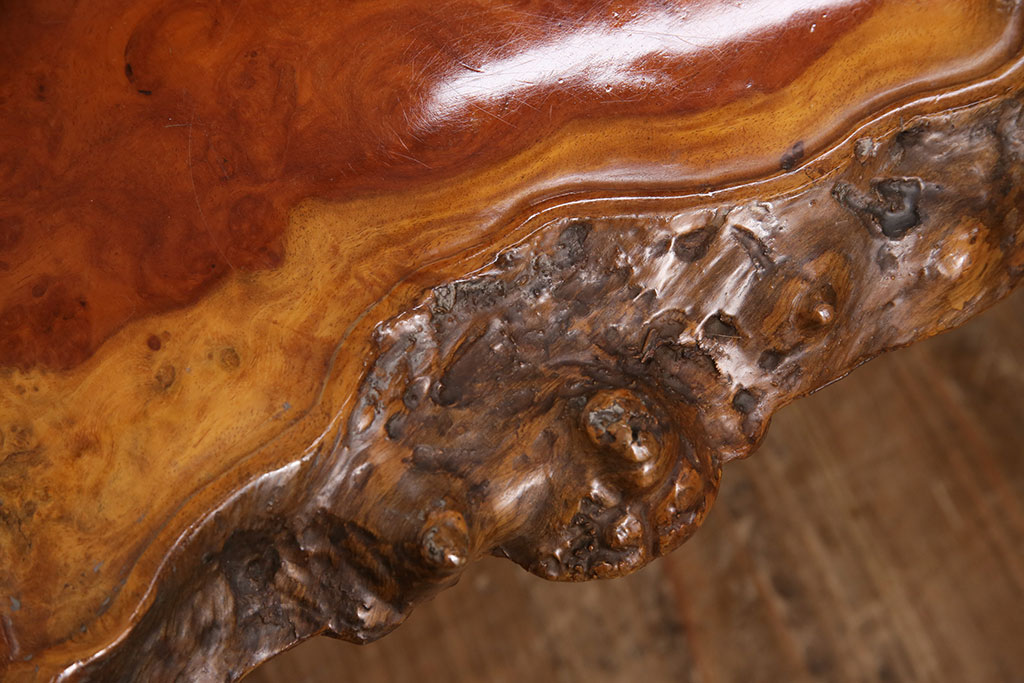 和製ヴィンテージ　カリン材の鳥眼杢が美しい、高級感のある座卓(ローテーブル、ビンテージ、花梨材)(R-049857)