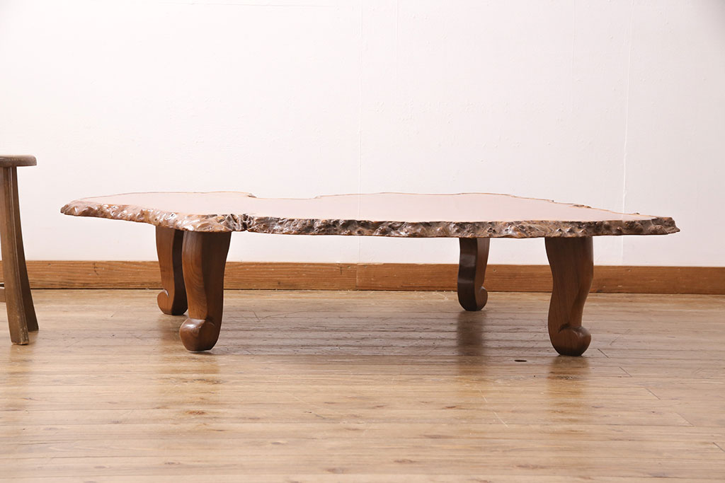 和製ヴィンテージ　カリン材の鳥眼杢が美しい、高級感のある座卓(ローテーブル、ビンテージ、花梨材)(R-049857)