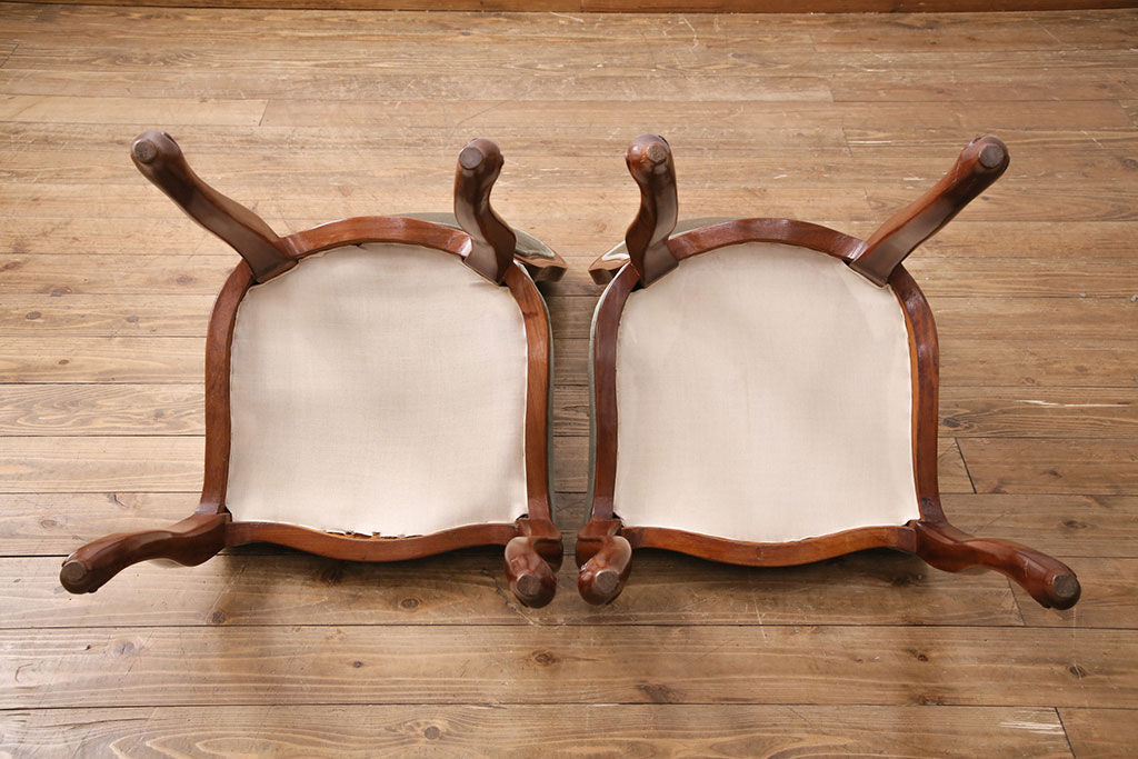 中古　高級家具　カリン材　ロココ調の優美なチェア2脚セット(ダイニングチェア、サロンチェア、椅子、花梨材)(R-050057)