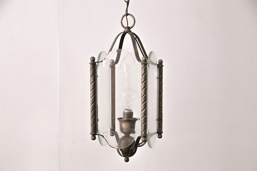 アンティーク照明　和製アンティーク　4面ガラス製の希少なデザインが魅力的な吊り下げ照明(天井照明、ペンダントライト)(R-050393)