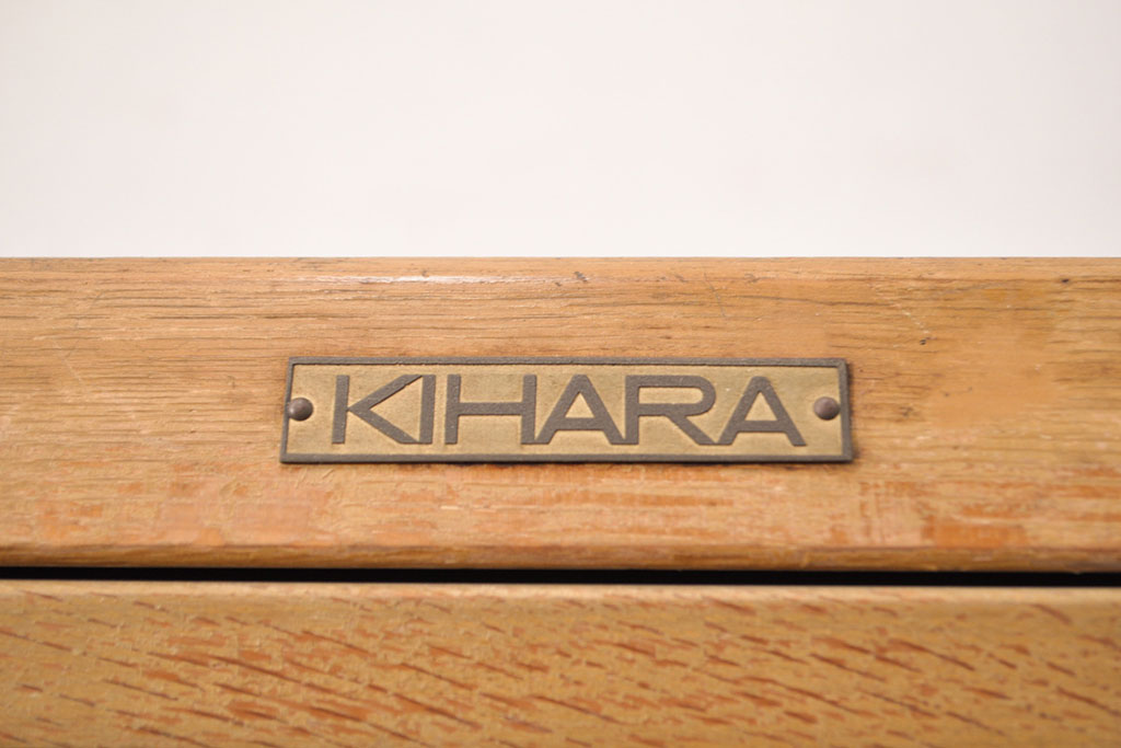 和製ビンテージ　昭和レトロ　KIHARA　ナチュラルスタイルの収納におすすめのナラ材製ネームプレート付きカードケース(引き出し、チェスト、ヴィンテージ)(R-050541)