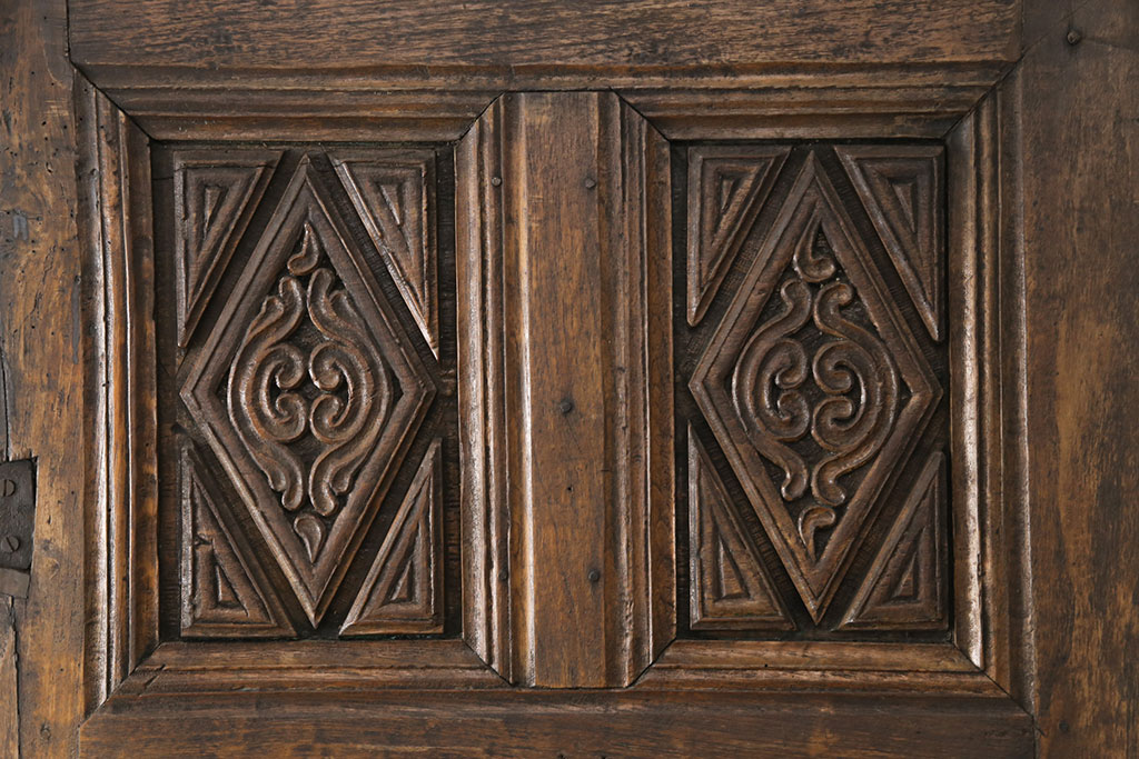 海外アンティーク　経年による風合いが雰囲気を高める、味わい深い彫刻ドア1枚(木製扉、建具)(R-050866)