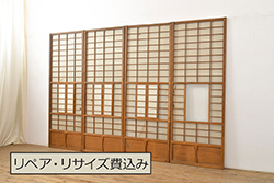 【セミオーダー家具実例】板戸4枚に高品質リペアを施しました。ホゾの緩みの締め直し・板部分の隙間の矯正など、建具として使用しても問題ないようリペア。組子の欠け部分は新材を使用してリペアし、障子を張替え。色味は現状の雰囲気や色味を活かして仕上げました。(引き戸、建具)