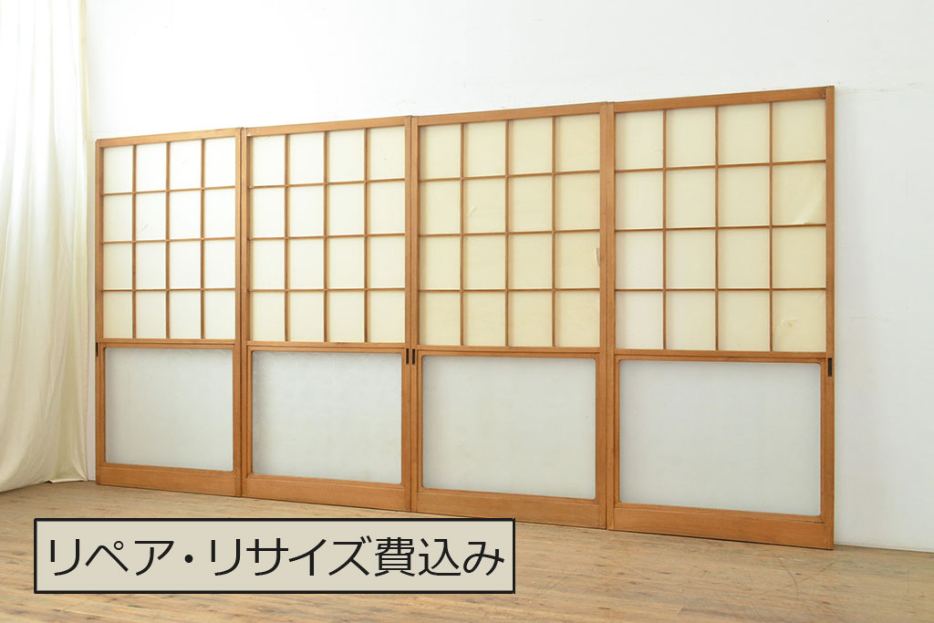 アンティーク建具　昭和中期　菊尽くしのレトロなガラスが魅力の障子戸4枚セット(雪見、引き戸)(R-051172)
