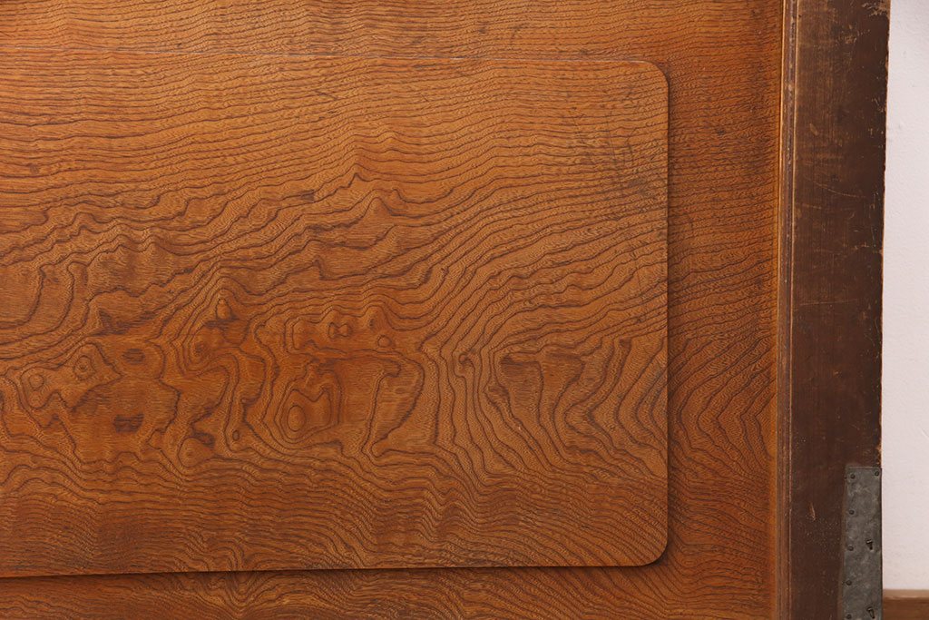アンティーク建具　明治大正期　ヒノキ材　腰板ケヤキ材　亀甲金網付き　木の温もりを感じられる格子蔵戸(玄関戸、玄関ドア、引き戸)(R-051232)