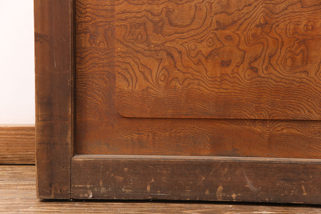 アンティーク建具　明治大正期　ヒノキ材　腰板ケヤキ材　亀甲金網付き　木の温もりを感じられる格子蔵戸(玄関戸、玄関ドア、引き戸)(R-051232)