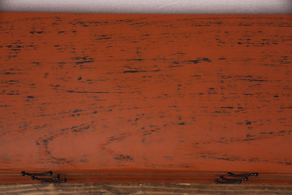 中古　美品　工芸家具　曙(あけぼの)塗り　漆の朱色が机上のアクセントになる小引き出し(根来塗り、卓上収納、小物収納)(R-051247)