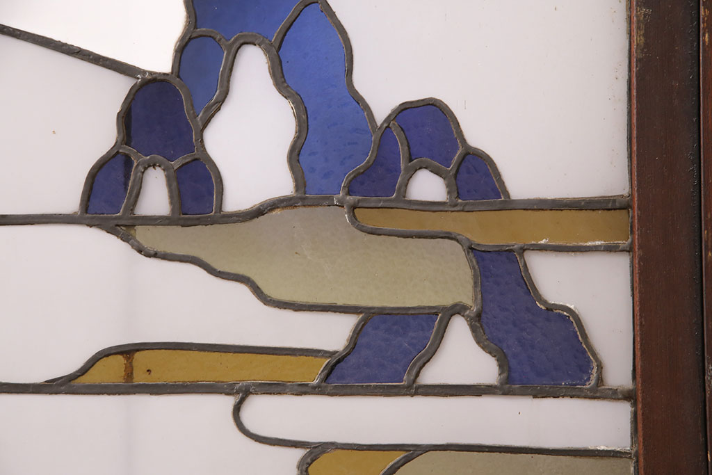 和製アンティーク　希少品!一枚の絵画のようなデザインが魅力的なステンドグラス窓2枚セット(建具、引き戸、明り取り)(R-051253)