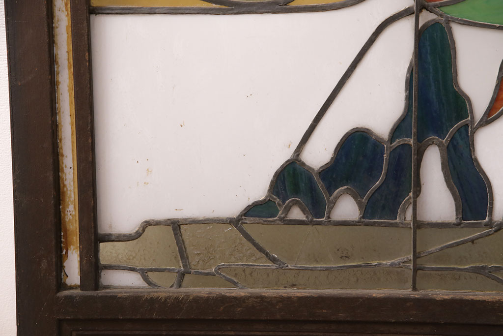和製アンティーク　希少品!一枚の絵画のようなデザインが魅力的なステンドグラス窓2枚セット(建具、引き戸、明り取り)(R-051253)