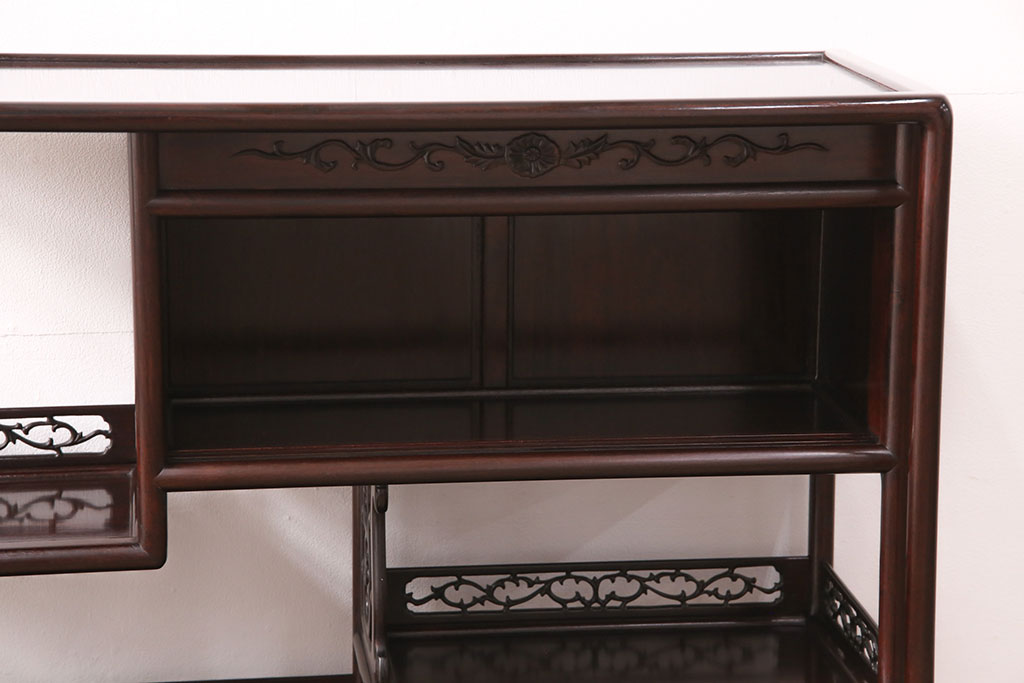中古　美品　国産指物家具　漆塗りが美しい総シタン材製の飾り棚(茶棚、収納棚、戸棚)(R-051275)