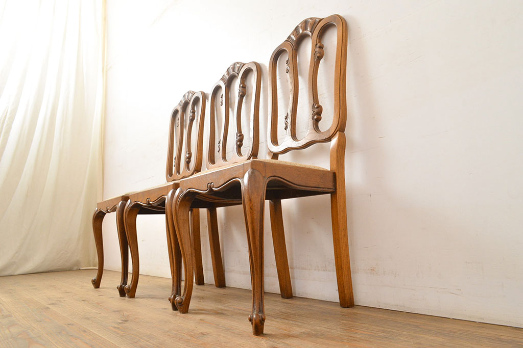フランスアンティーク　オーク材　背もたれのデザインがエレガントなダイニングチェア3脚セット(椅子、イス、ビンテージ)(R-051464)