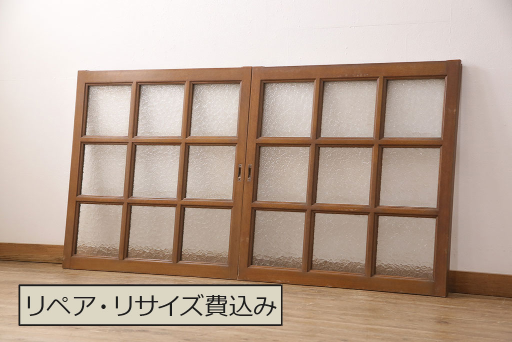 アンティーク建具　昭和レトロな木製窓2枚セット(ガラス戸、引き戸、建具)(R-051583)