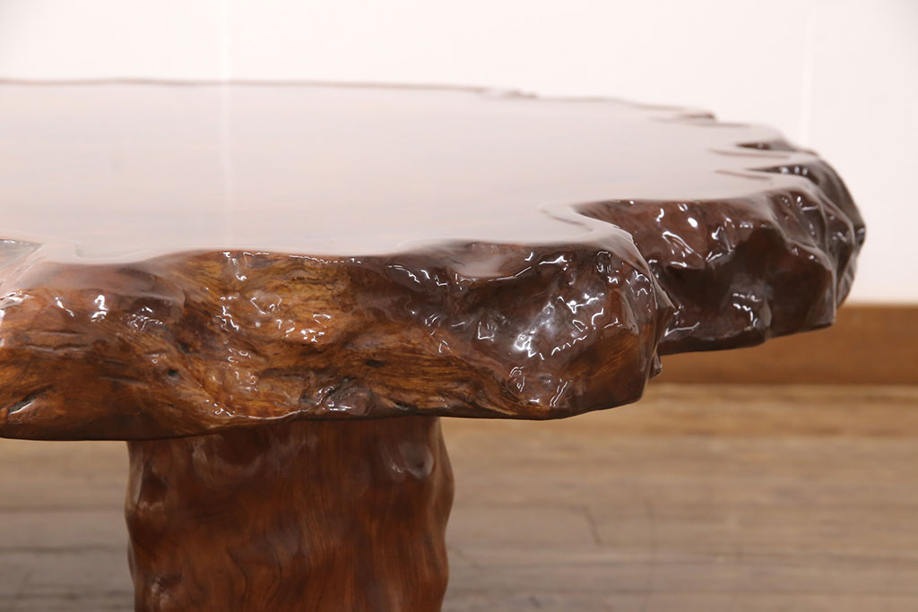 中古　楓(カエデ)材　鳥眼杢(バーズアイ)一枚板　自然な木の風合いを活かした、分厚い天板の特大座卓(ローテーブル)(R-051655)