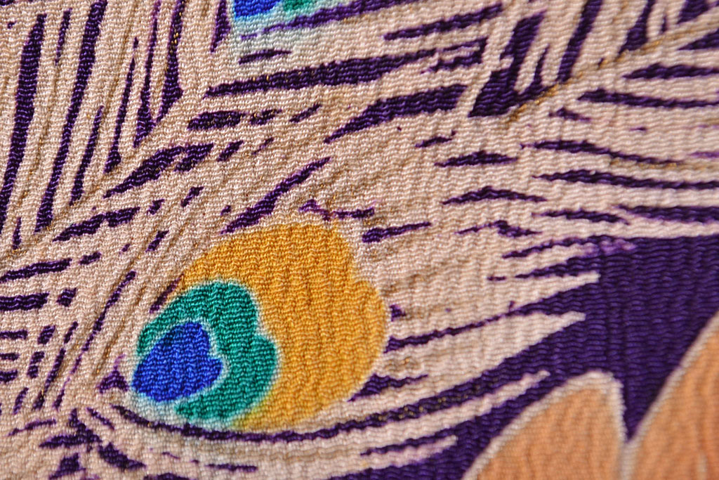 アンティーク　大正〜昭和初期　孔雀に花模様刺繍　着物(正絹、古布)(R-051895)