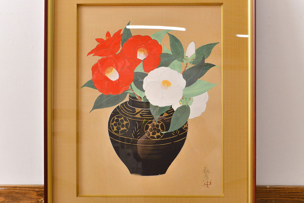 安田靫彦　紅白椿　手摺木版画　限定180部　額装(R-051896)